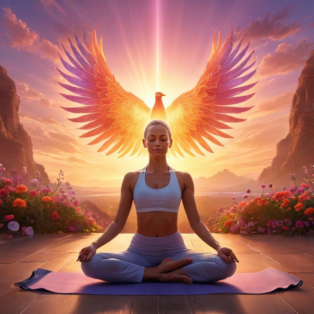 A powerful, inspirational scene depicting a resilient cancer survivor with a glowing aura, engaging in yoga and meditation under a serene sunset. Surround the figure with symbols of strength like a phoenix and blooming flowers, while showcasing innovative medical tools in the background. The atmosphere should evoke hope, healing, and transformation. vibrant colors. super-realistic.