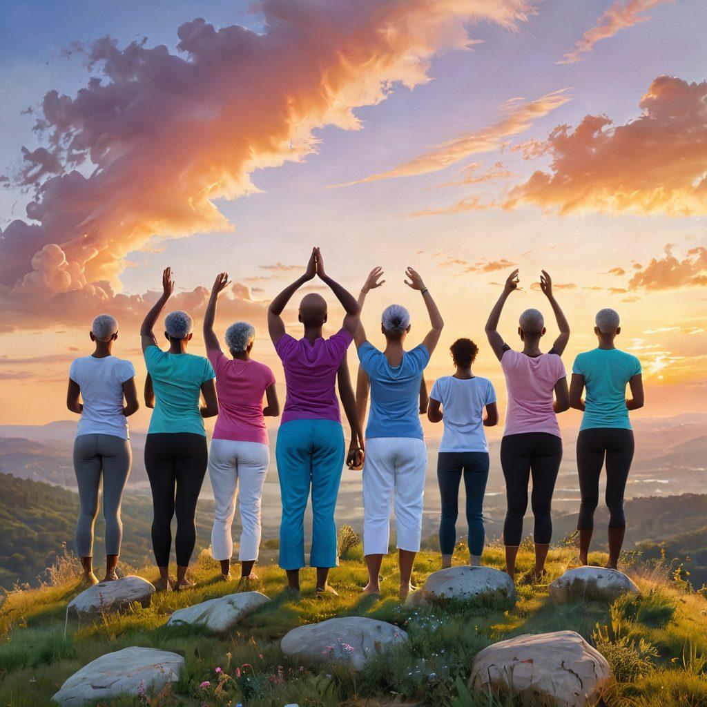 A serene and uplifting scene featuring a diverse group of cancer survivors standing victoriously on a hilltop, overlooking a sunrise symbolizing hope and new beginnings. Surround them with symbols of holistic health like herbs, yoga mats, and medical equipment blending harmoniously. Soft pastel colors illuminate their faces, showcasing determination and empowerment. The background holds subtle references to oncology advancements, like a DNA helix and healthy cells, seamlessly integrated. vibrant colors. super-realistic.